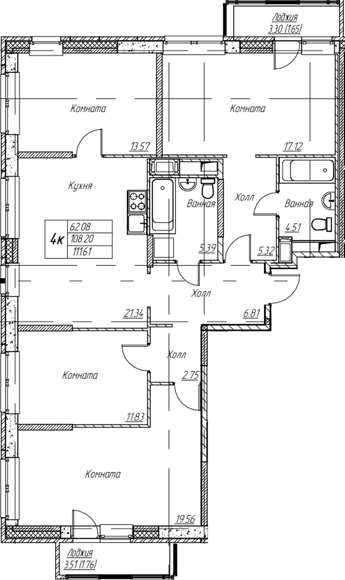 4-комнатная квартира 111.61 м², 3/22 эт., ЖК «Парк-квартал Юнтолово»